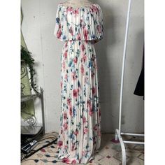 Picturing Brand New Baltic Born Women's Size Small Pleated Floral Off Shoulder Maxi Dress Gorgeous And Perfect For Spring And Summer! Could Work As Maternity Dress Make It Yours! Baltic Born Floral Off-Shoulder Maxi Dress Spring Off-shoulder Lined Maxi Dress, Casual Off-shoulder White Maxi Dress, Casual White Off-shoulder Maxi Dress, White Off-shoulder Maxi Dress With Floral Print, White Off-shoulder Floral Print Maxi Dress, White Lined Maxi Dress For Spring, White Pleated Vacation Dress, White Pleated Dress For Vacation, Blue Chiffon Maxi Dress