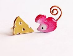 Mouse&Cheese Stud Earrings BronzeHandpainted by AnoushehBarzegar, €25.00 Little Mouse, Painted Jewelry, Hippie Earrings, Pink Pin, Window Shopping, Pretty Gift, Earrings Sterling Silver, Sterling Silver Earrings Studs, Bling Bling