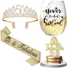 50th birthday party supplies including wine glass, tiara and cake topper