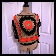 Gorgeous Black, Coral, And Gold Knit Top. Can Be Worn As A Bathing Suit Coverup! Never Worn. Bohemian Knit Top For Fall, Casual Black Summer Poncho, One Size Crochet Top For Winter, Black Knit Top For Beach, Bohemian Knit Top For Beach In Fall, One Size Bohemian Knit Tops, One Size Festival Tops For Fall, Bohemian Textured Crochet Top For Winter, Crochet One-size Tops For Winter