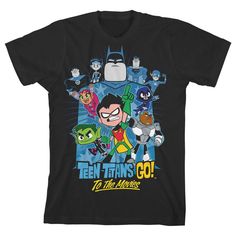 Teen Titan fans will love sporting this youth black graphic tee. The Teen Titans Go To the Movies t-shirt features a big, colorful graphic that has been professionally printed to ensure long-lasting print quality. The Teen Titans fan apparel is black, and has short sleeves for comfort and style in any weather. The Teen Titans Go! t-shirt is made of 100% USA cotton. It can be machine washed in cold water with like colors, then tumble dried for easy care. As an officially licensed product, this Ro Robin Superhero, Teen Titan, Black Graphic Tee, Movie Black, Teen Titans Go, Black Graphic Tees, Movie T Shirts, Teen Titans, Dc Comics