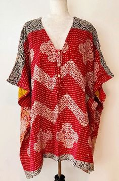 Midi Muu Kantha Embroidered Tunic is made from 100% cotton lux sari. Features a V-neck with 3 functional buttons and two exterior slouchy pockets in front. The depth of color, blend of patterns, rich luxe fabric will quickly become one of your favorite pieces.This is a new and unique style. Each print tunic is one of a kind and a true designer piece. One size fits most.A versatile tunic with functional buttons, allowing you to style as a blouse, mini dress and or cover-up. Wear it as a kantha sh Tunic Designs, Embroidered Tunic, Print Tunic, Short Jacket, Dinner Party, Date Night, Unique Style, Nice Dresses, Cover Up