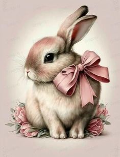 a painting of a rabbit with a pink bow on it's head and flowers around its neck