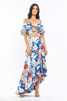 Buy Mandira Wirk Blue Satin Abstract Print Skirt Set Online | Aza Fashions Abstract Motifs, Ruffle Hem Skirt, Printed Skirt, Satin Color, Indian Fashion Designers, Asymmetrical Skirt, Butterfly Sleeves, Designer Gowns, Print Skirt