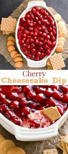 cherry cheesecake dip with crackers on the side and in a white serving dish