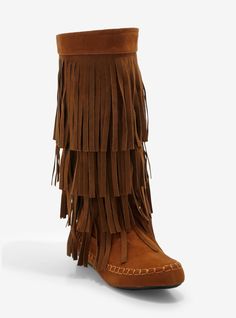 Roll it back to the mid-2000s with these fringe boots! They're made of faux brown suede with thick stitching around the toe  flat soles and a side zipper.Listed in women's sizes.Synthetic suede upper; rubber soleImported Brown Western Boots With Tassels, Leather Fringe Boots For Fall, Brown Leather Fringe Boots, Casual Suede Fringe Boots, Casual Brown Boots With Tassels, Casual Brown Boots With Fringe, Casual Brown Fringe Boots, Casual Fringe Boots For Fall, Winter Suede Boots With Tassels