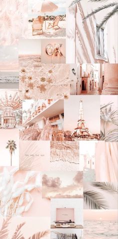 a collage of pink and white images with palm trees