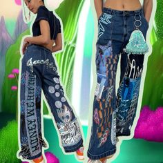 "💥Wide denim jeans with my screen printed, hand-painted and vinyl patches   💥Chunky t-shirt yarn stitched zig zagging down the left leg  💥patchwork piece from old jeans on the right leg 💥Hand beaded motifs with big multi coloured gems in the centre  💥Collage style that starts from the front and goes round to the back of the piece including bubbles, flames and hear 💥Text on the back denim patch reads 'Honey we hit the...' 'JACKPOT' in silver sequins across the bum 💥turquoise detachable seq Spring Streetwear Jeans With Patches, Fall Streetwear Jeans With Patches, Patched Jeans For Streetwear In Fall, Spring Graffiti Print Denim Jeans, Artsy Spring Denim Jeans, Spring Denim Jeans With Graffiti Print, Spring Artsy Denim Jeans, Blue Graphic Print Jeans For Fall, Trendy Jeans For Alternative Fashion In Spring