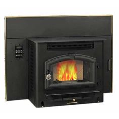 a black stove with flames in it on a white background and an orange flame coming out of the door