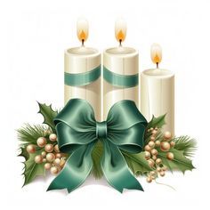 two white candles with holly and berries on them are surrounded by green ribbon and bows