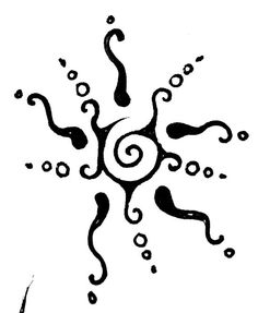 an artistic black and white drawing of a sun with swirls on the side,