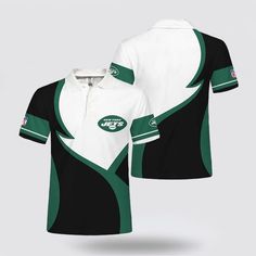 the new york jets polo shirt is shown in black, white and green with an emblem on