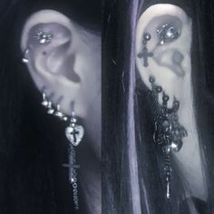 two pictures of the same person with piercings on their ears and behind them there is a cross