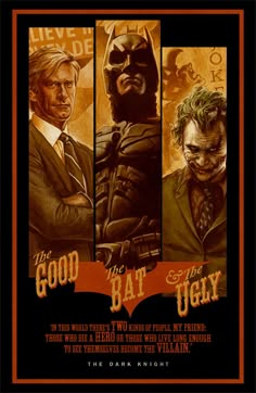 the dark knight movie poster with batman and joker characters on it's back side