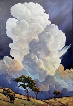 a painting of clouds and trees in the sky