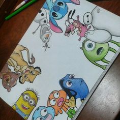 an image of cartoon characters on a piece of paper with colored pencils next to it