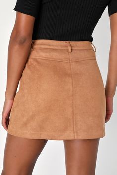 Introduce a must-have look like the Lulus A Dose of Charm Light Brown Suede High-Waisted Mini Skirt to your wardrobe to create an endless amount of iconic 'fits! Soft faux suede shapes this trendy lil' skirt that features a high-rise design with belt loops, a top button closure, and a hidden zipper fly. Front pork chop pockets accent the figure-skimming, A-line silhouette that ends at a flirty mini hem. Fit: This garment fits true to size. Length: Mid-thigh. Size medium measures 16" from waist to hem. Waist: Fitted - very fitted at natural waist. Hip: Loosely Fitted. Fabric: Fabric is very stretchy. Unlined. 92% Polyester, 8% Spandex. Hand Wash Cold. Do Not Bleach. Line Dry. Iron Low Heat. Imported. Lulus | A Dose of Charm Light Brown Suede High-Waisted Mini Skirt | Size X-Large. Belted Fitted Mini Skirt, Chic Short Skirt In Solid Color, Chic Solid Color Mini Skirt, Chic Short Solid Color Skirt, Chic Short Length Solid Color Skirt, High Waist Relaxed Mini Skirt For Fall, High Waist Solid Mini Skirt For Fall, Fitted Mini Skirt With Belt, Fall Mini Skirt In Solid Color