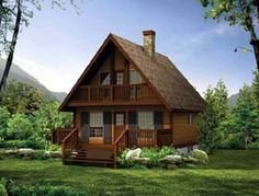 a small log cabin with a porch and wraparound deck on the grass in front of some trees