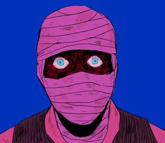 a drawing of a man with blue eyes wearing a pink mask and covering his face