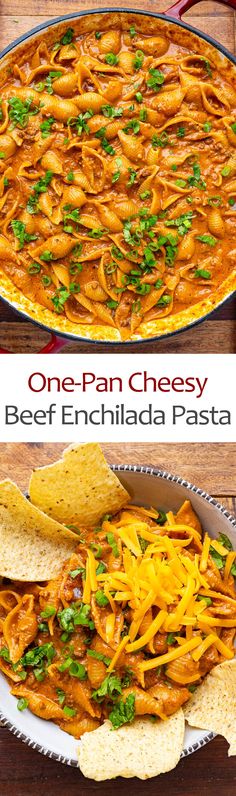 one - pan cheesy beef enchilada pasta is an easy and delicious dinner