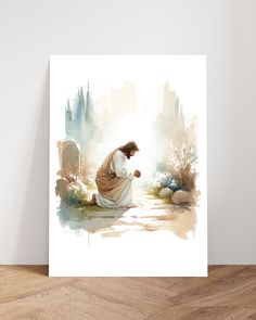 a watercolor painting of a woman kneeling on the ground