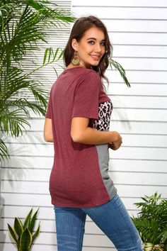 Women's Short Sleeve T-Shirt Hollow Out Round Neck Leopard Print  Casual Spring Outfits Top Casual Short Sleeve Patchwork Tops, Casual Patchwork Short Sleeve Tops, Casual V-neck Patchwork Top, Pink V-neck Patchwork Top, Red Patchwork Crew Neck T-shirt, Red Patchwork Short Sleeve Tops, Casual Red T-shirt With Patchwork, Pink Patchwork Short Sleeve T-shirt, Pink Crew Neck T-shirt With Patchwork