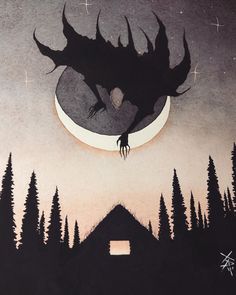 an illustration of a black dragon flying over the moon with trees in the foreground