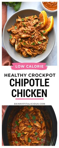 healthy crockpot chipot chicken recipe with text overlay