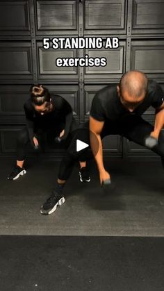 two men are doing squats in front of a wall with the words 5 standing ab exercises