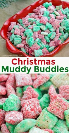 christmas muddy buddies in a red bowl with green and pink marshmallows on top