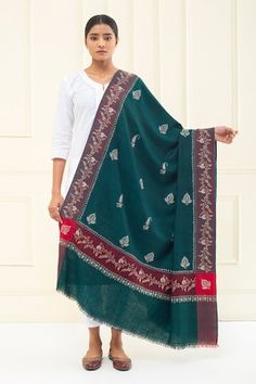 Green pashmina shawl featuring woven floral checkered base highlighted by multicoloured thread embroidered paisley motifs and floral jaal embroidered contrast border. - Aza Fashions Festive Pashmina Dupatta With Woven Motifs, Multicolor Embroidered Pashmina Shawl, Green Pashmina Shawl In Traditional Drape, Festive Pashmina Handloom Shawl, Pashmina Shawl With Multicolor Embroidery In Traditional Drape, Traditional Handloom Pashmina Shawl, Festive Pashmina Scarves With Traditional Patterns, Eid Pashmina Scarves With Motifs, Green Traditional Pashmina Shawl