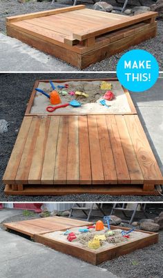 a wooden table with sand and toys in it