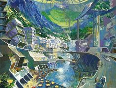 an artistic painting of a futuristic city with mountains in the background and people walking around