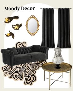 a living room with black velvet furniture and gold accents on the walls, along with an art deco coffee table