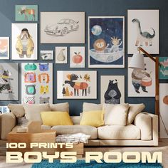 a living room with lots of pictures on the wall and a blue rug in front of it