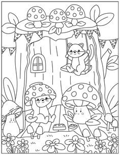 an adult coloring page with mushrooms and mushroom houses in the forest, one is sitting on a