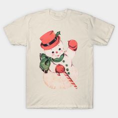 a white t - shirt with a snowman holding a candy cane