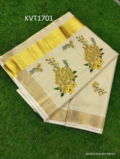 Kerala Embroidered Kanikkonna Golden Tissue Saree With  Blouse material  6.25Mtr Package Details :1 Saree 6.25 mtr + 1 mtr blouse material CUSTOMIZED COLORS ARE AVAILABLE  FOR BLOUSE MATERIAL. You  can order Set Saree with stitched blouse or with blouse material only. You can choose color of blouse material. If stitched blouse need, we will provide you a measurement chart at the time of placing the order. As per the measurement given by the customer we will stich the blouse with separate lining material. Tailoring will take minimum 10 days additional for dispatch. It is the most preferred outfit for celebrations and auspicious days. Will always remain untouched in the fashion world. Saree with matching Blouse Piece. Worn on festive occasions , Party, Marriage Occasions. Please provide your Onam Saree, Kerala Saree, Tissue Saree, Set Saree, Blouse Material, Kerala, Choose Colors, Blouse Piece, Handmade Design