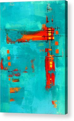 an abstract painting with orange and blue colors