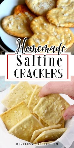 homemade saltine crackers in a white bowl with text overlay that reads homemade saltine crackers