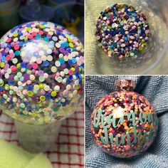 there are three pictures with different things in the same photo, one is an ornament and the other has sprinkles on it