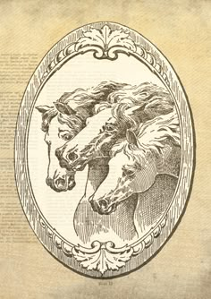 a drawing of two horses in an oval frame