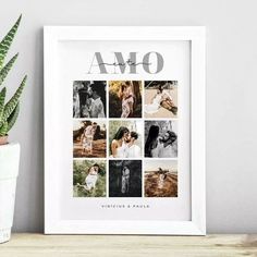 a white framed photo with the words, love and family on it next to a potted plant