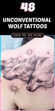 the back of a woman's shoulder with an image of two wolfs on it