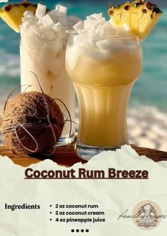 two cocktails on the beach with coconut rum and pineapple juice in front of them