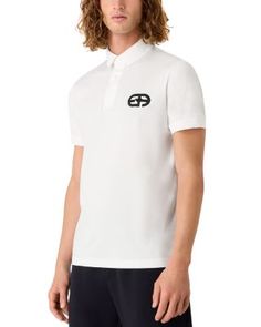 Emporio Armani Contrast Embroidered Logo Regular Fit Polo Shirt Designer Embroidered Collared Tops, Designer Embroidered White Tops, Mens Polo Shirts, Emporio Armani, Polo Shirt, In Store, Buy Online, Off White, ? Logo