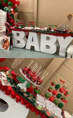 two pictures of a baby shower table with candy and candies on it, one in red and the other in green