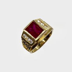 10k & 14k Solid Gold Square Ruby Red White CZ Statement Ring Men's Classic Gold Ring | Bold Red White Gemstone Ring Gift for Men Boy Him A bold choice for men who appreciate fine jewelry, this solid 10k or 14k gold ring features a striking square ruby red CZ center, complemented by white CZ stones for added brilliance. Its classic design offers a modern twist, perfect for both daily wear and special occasions. The high-polish finish enhances the ring's sleek appearance, making it a standout piec Formal Red Birthstone Ring With Polished Finish, Classic Red Signet Ring For Formal Occasions, Formal Red Polished Birthstone Ring, Classic Red Signet Ring Stamped 14k, Formal Red Ruby Ring Stamped 14k, Formal Red Ring Stamped 14k, Classic Red Signet Ring For Anniversary, Fine Jewelry Red Rings Stamped 14k, Red Diamond Ring Stamped 14k As A Gift