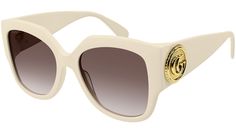 Gucci sunglasses model GG1407S GG Logo eyewear collection rectangle recycled acetate frame featuring shiny solid ivory frame and ivory lens. Chloe Kids, Sunglasses Model, Gg Logo, Gucci Sunglasses, Gradient Color, Instagram Followers, Face Shapes, Brown Color, Perfect Pair