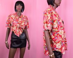 "Red short sleeved button up shirt with fun tropical floral print and chest pocket. Can be worn tied and cropped or untied for a more casual look. The perfect top for summer. Authentic vintage item from the 1990's era. Flat Measurements: BUST- 22\" SLEEVES- 8.5\" LENGTH- 27\" Fits size: MEDIUM Brand: Liz Wear Excellent condition. Shop our entire shirt collection below: https://www.etsy.com/shop/vintagealleyshop/?section_id=16181985" Red Hawaiian Shirt, Floral Button Up Shirt, Tropical Shirt, Gorgeous Blouses, Tropical Shirts, Floral Button Up, Tropical Floral Print, 90s Retro, Cute Flower